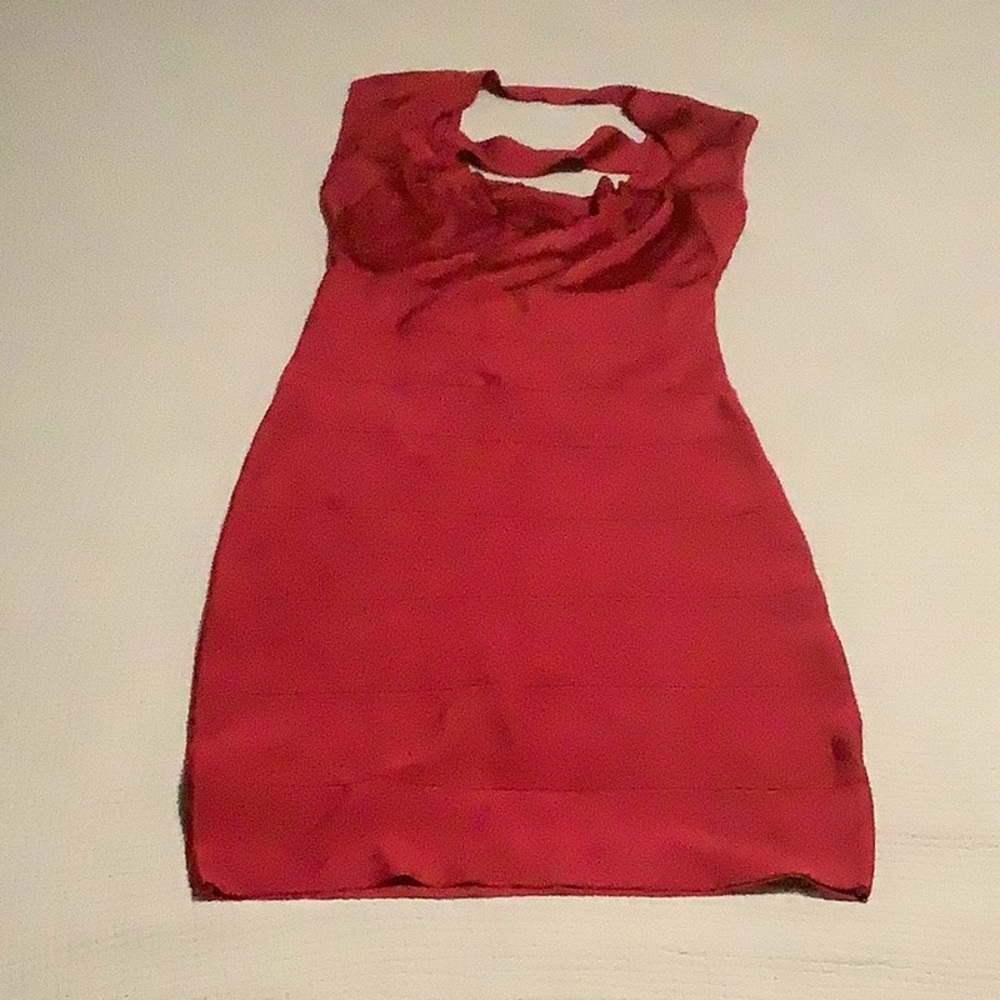 Bebe Red Ruffled Halter Sheath Dress